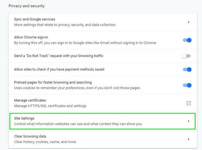 Google Chrome site settings