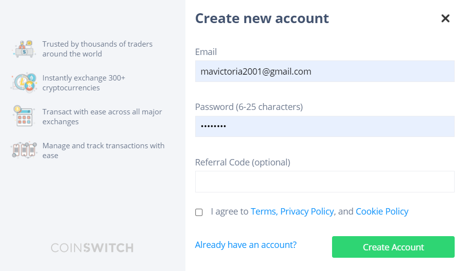 CoinSwitch exchange create account