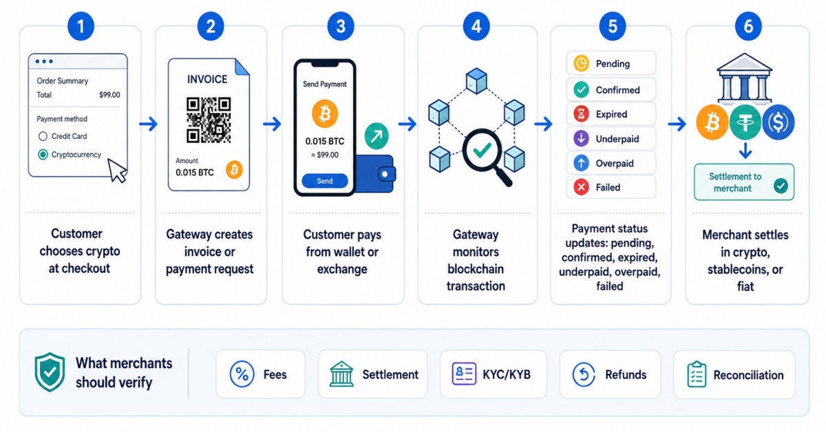 Crypto payment gateway workflow from customer checkout to merchant settlement