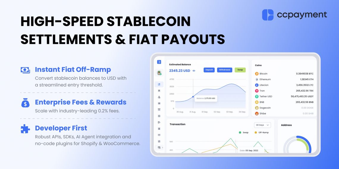 CCPayment crypto merchant dashboard illustrating high-speed stablecoin settlements, quick fiat off-ramps to USD, and enterprise-grade 0.2% processing fees